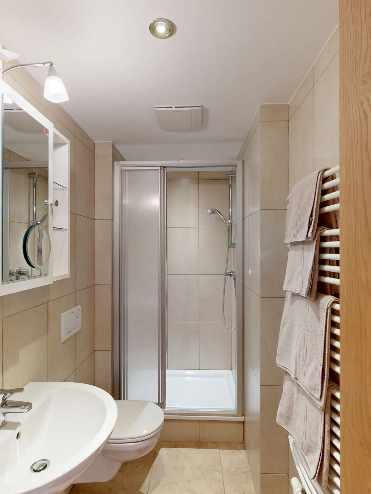 Modernes Badezimmer mit Dusche und Waschbecken.