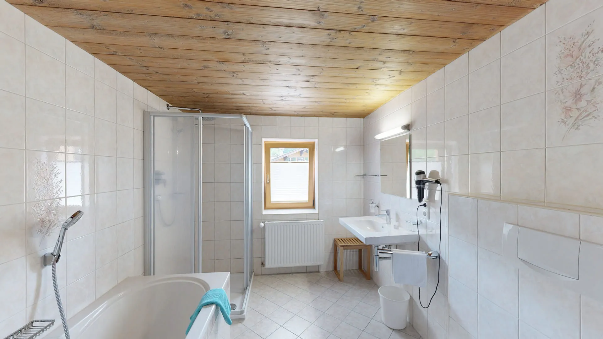 Badezimmer mit Dusche, Badewanne, Waschbecken und Fenster